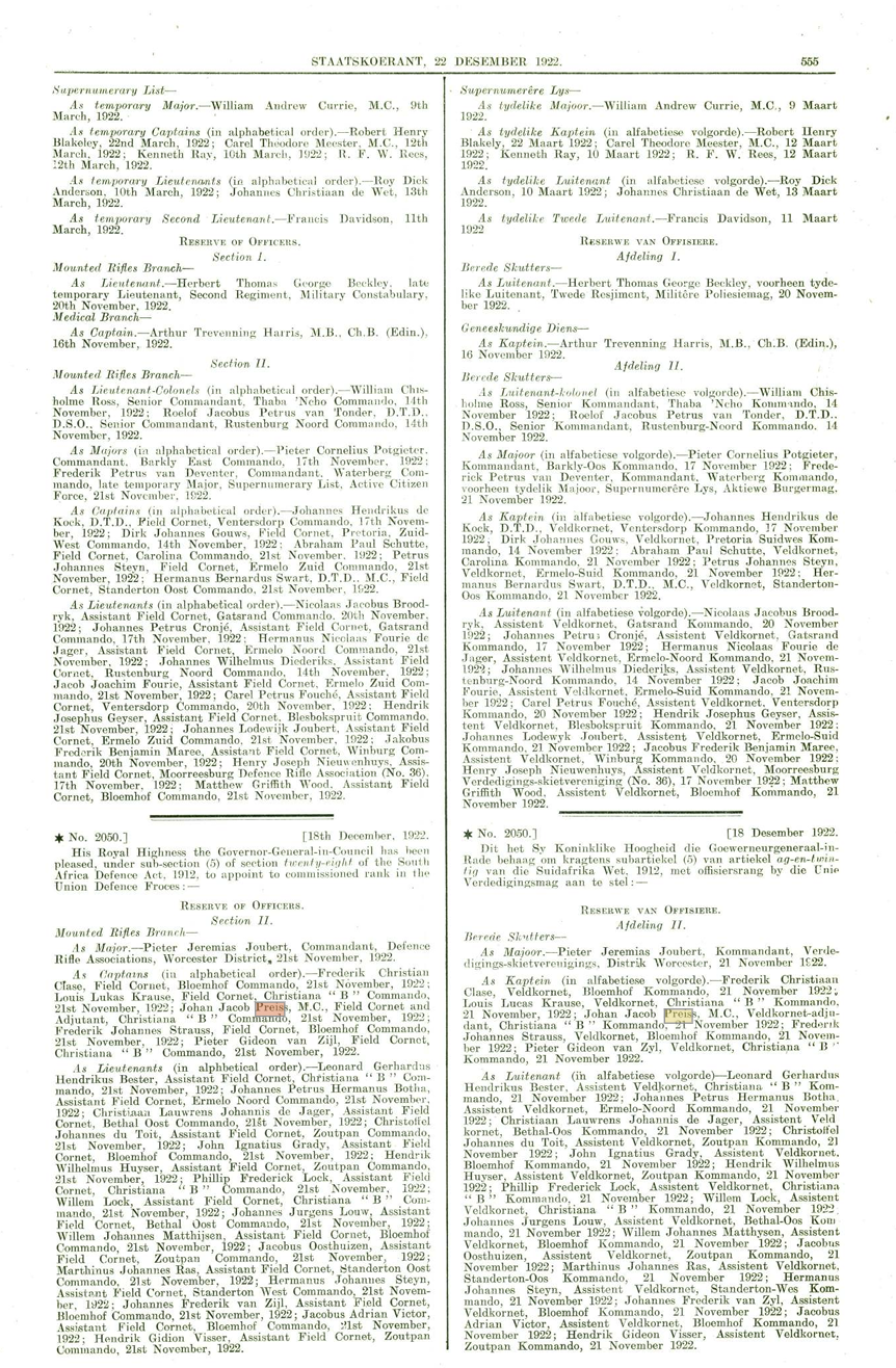Government gazette Extract from the Union of South Africa, Government Gazette 22nd December 1922. Note the "MC" that follows his name, denoting the Military Cross awarded to him